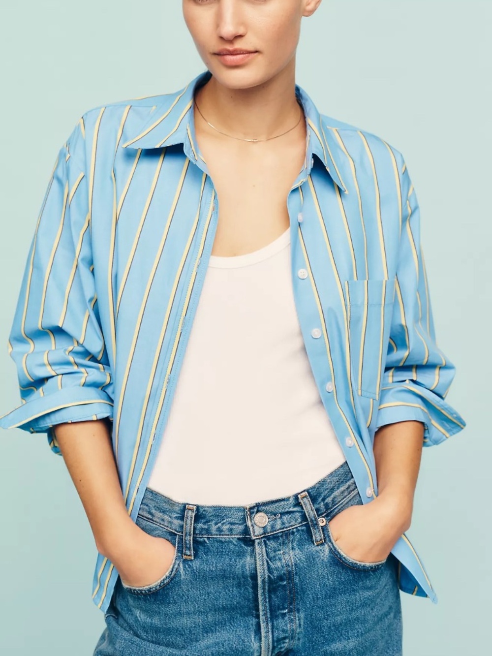 Anthropologie Maeve Poplin Blue Yellow Stripe Bennet Top M nwt